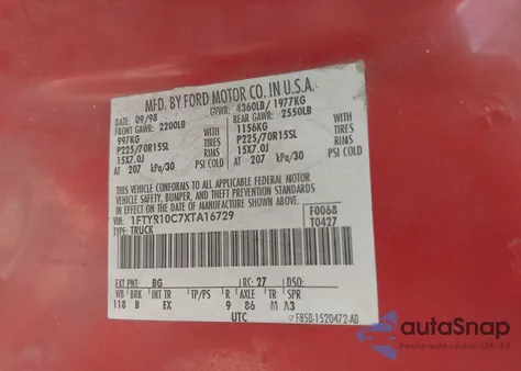 1999 Ford Ranger Xl/Xlt из США, поврежденный, VIN 1FTYR10C7XTA16729